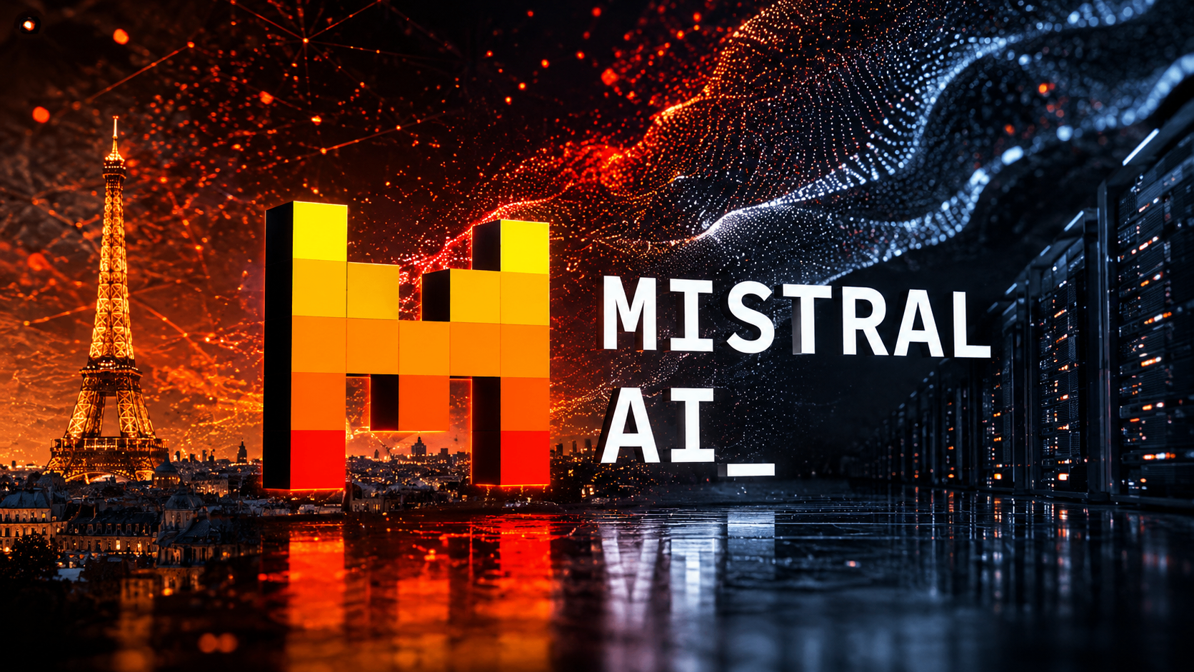 Logo pixelisé jaune et orange de Mistral AI devant la Tour Eiffel illuminée et un réseau neuronal lumineux, symbolisant le champion français de l'intelligence artificielle