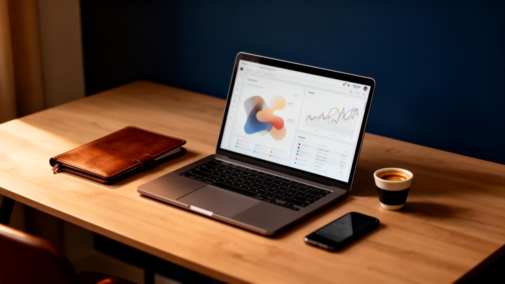 Bureau d'entrepreneur avec ordinateur, carnet et tableau de bord financier — illustration du lancement d'un business en ligne en 2026