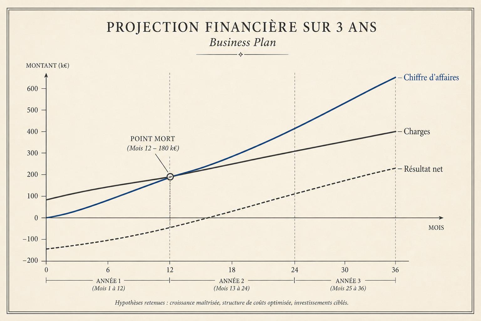 Graphique éditorial d'un prévisionnel financier sur 3 ans : chiffre d'affaires, charges, résultat et trésorerie avec marquage du seuil de rentabilité