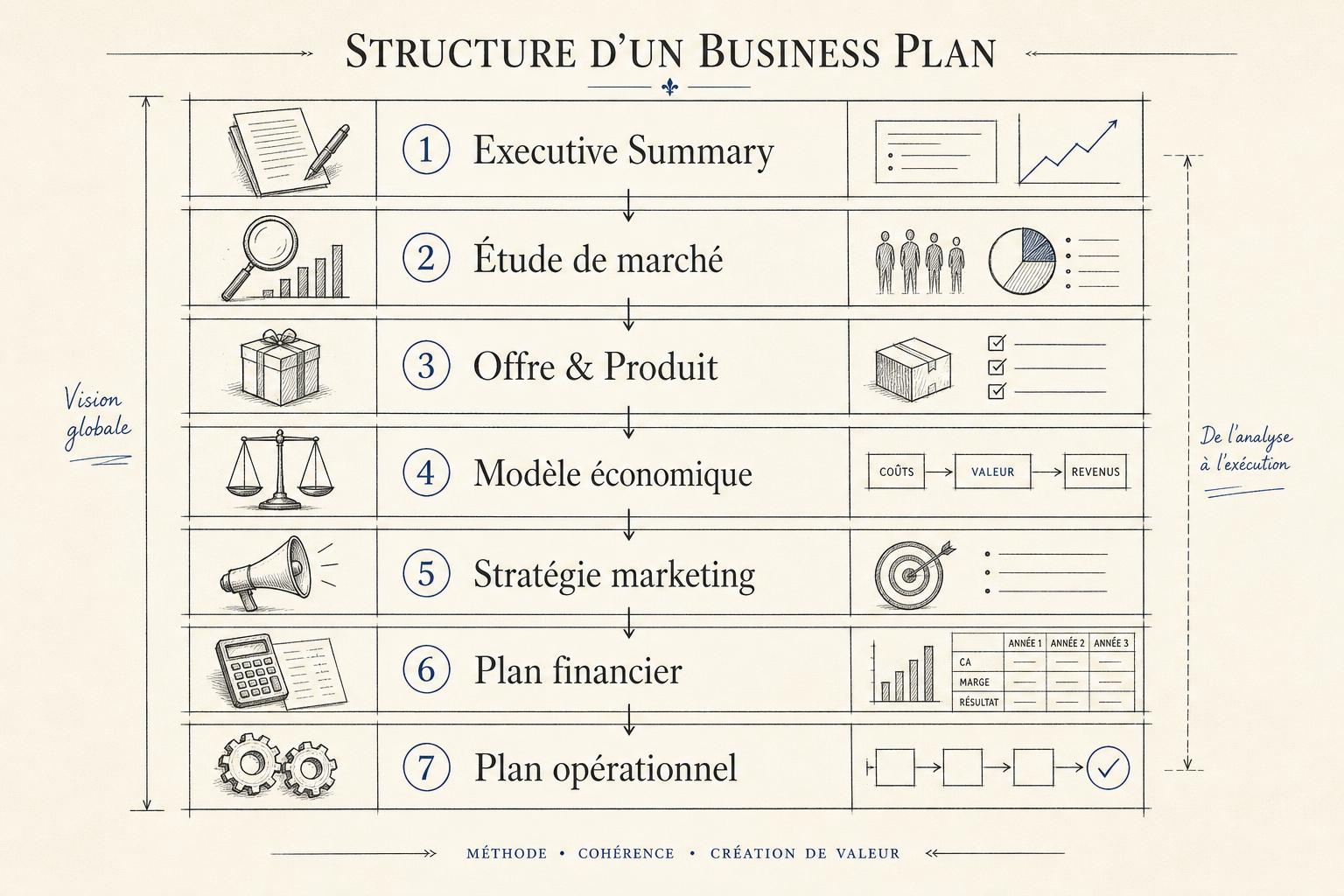 Schéma éditorial des 7 sections d'un business plan : executive summary, étude de marché, offre, modèle économique, stratégie marketing, plan financier, plan opérationnel