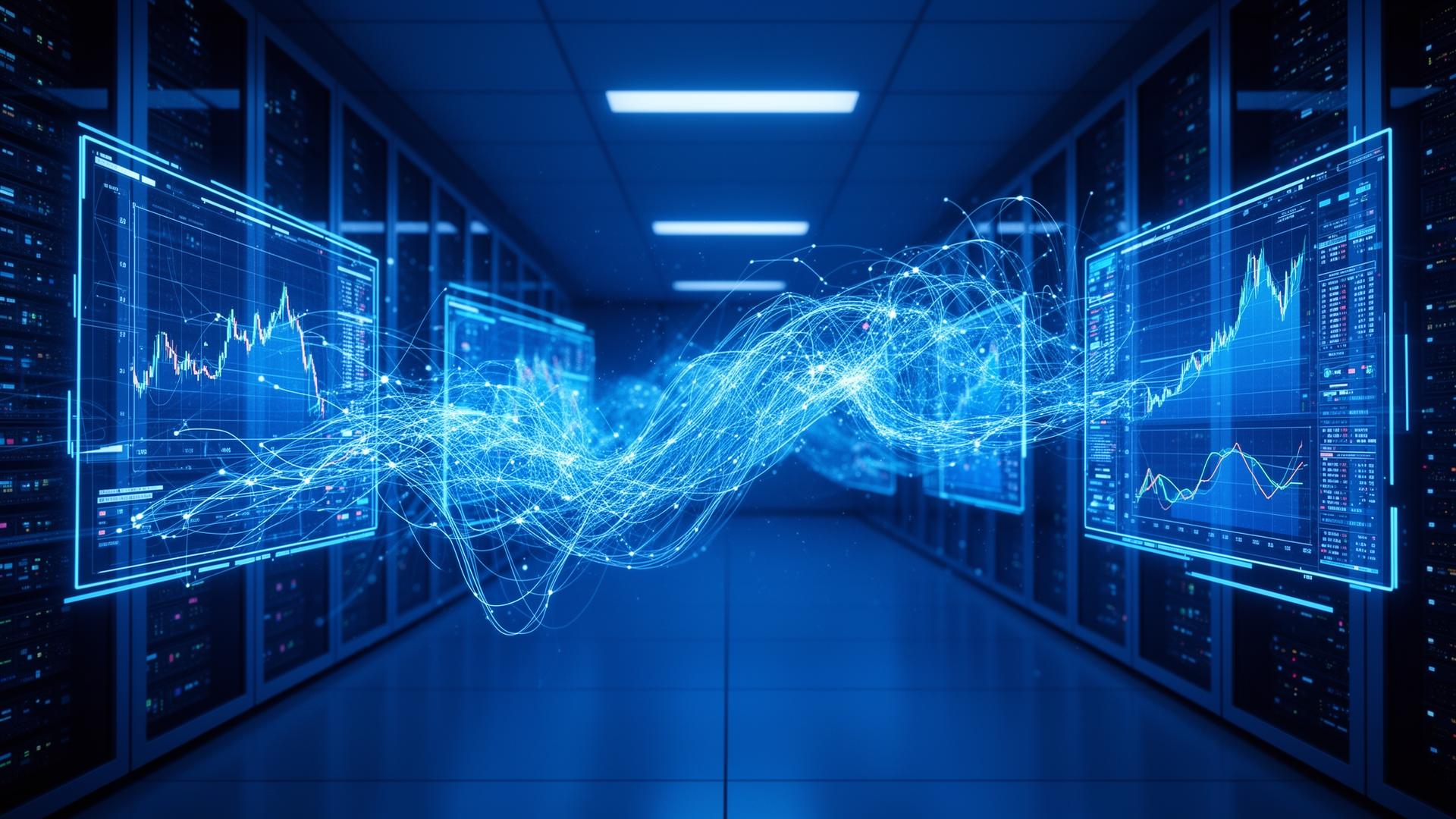 Flux de données numériques et écrans financiers dans un datacenter — illustration du capitalisme contemporain et de l'économie numérique