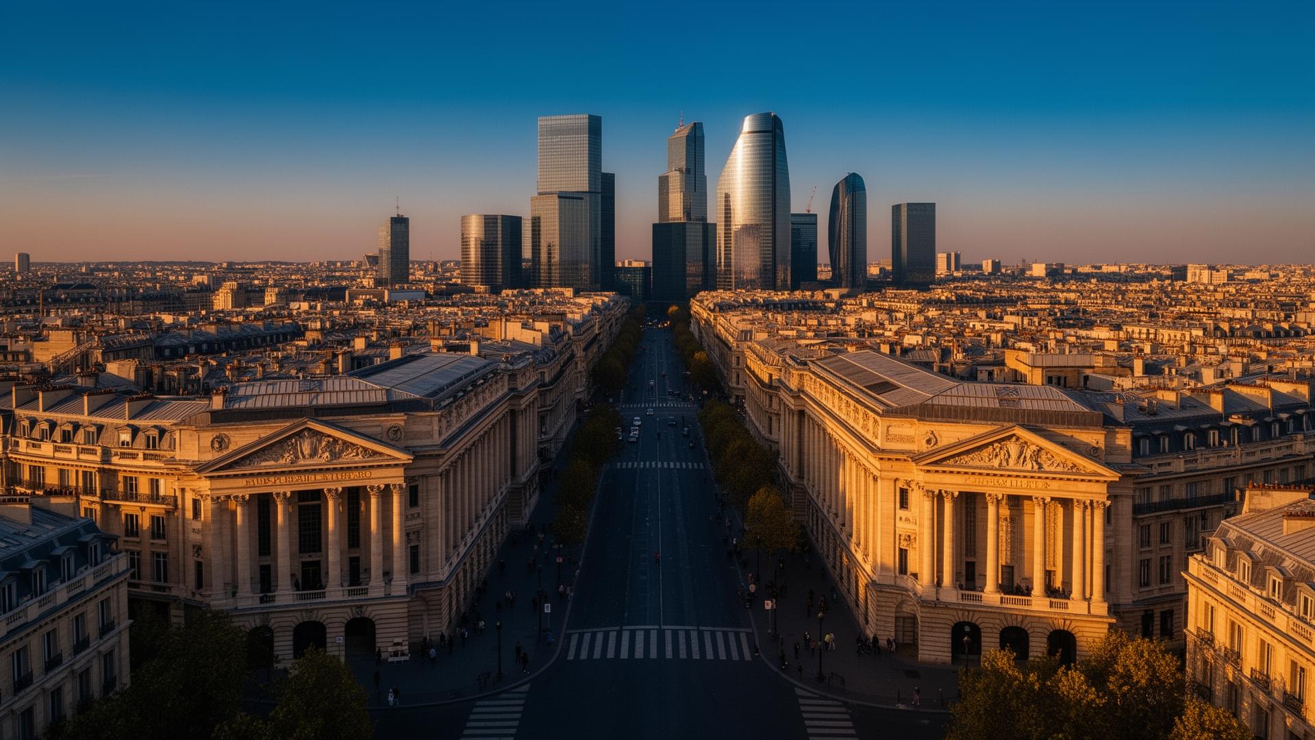 Vue aérienne d'un quartier financier européen mêlant architecture classique et tours modernes — illustration du capitalisme