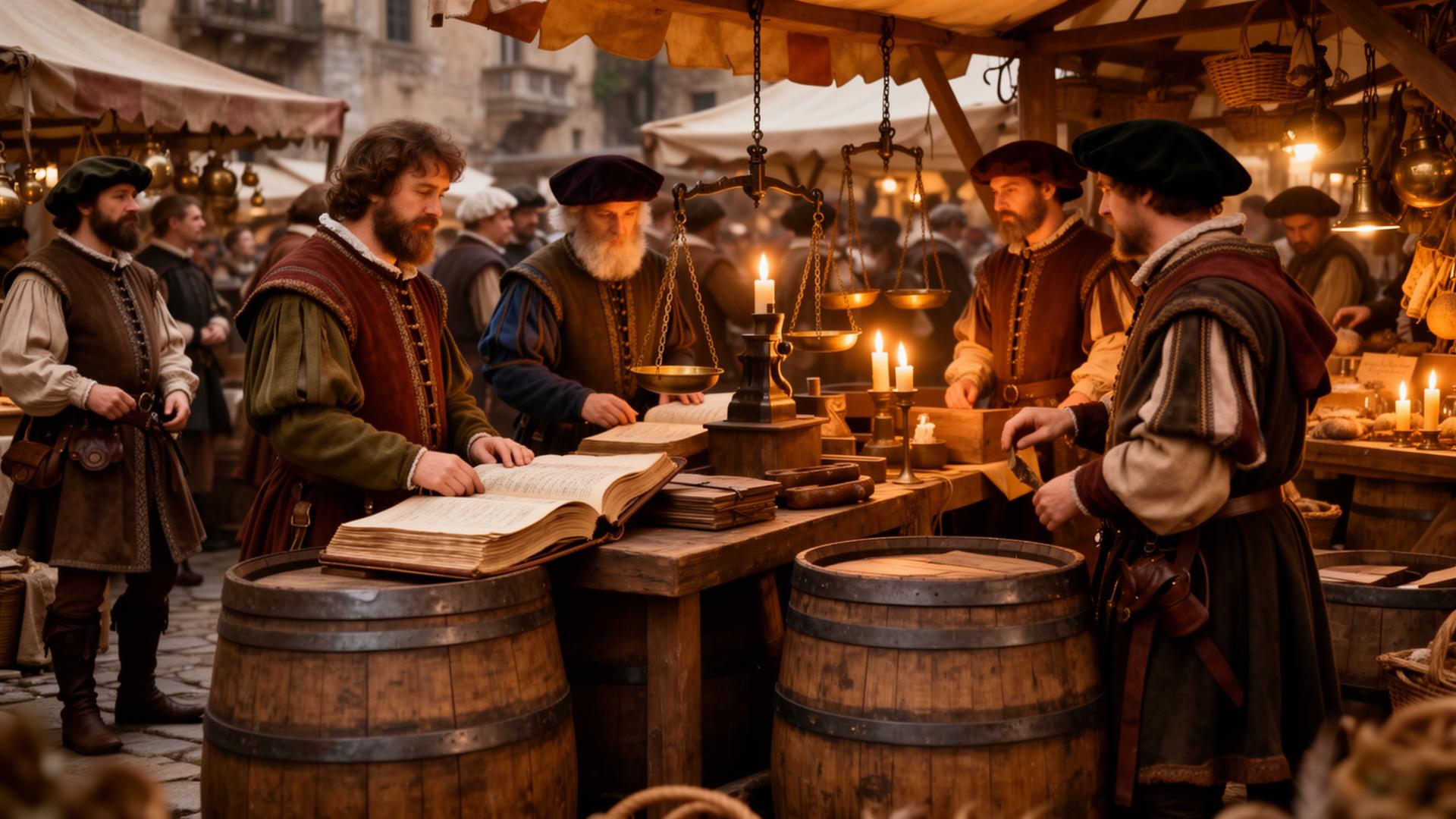 Scène de commerce médiéval — foire marchande européenne avec registres et balances, illustrant les origines du capitalisme