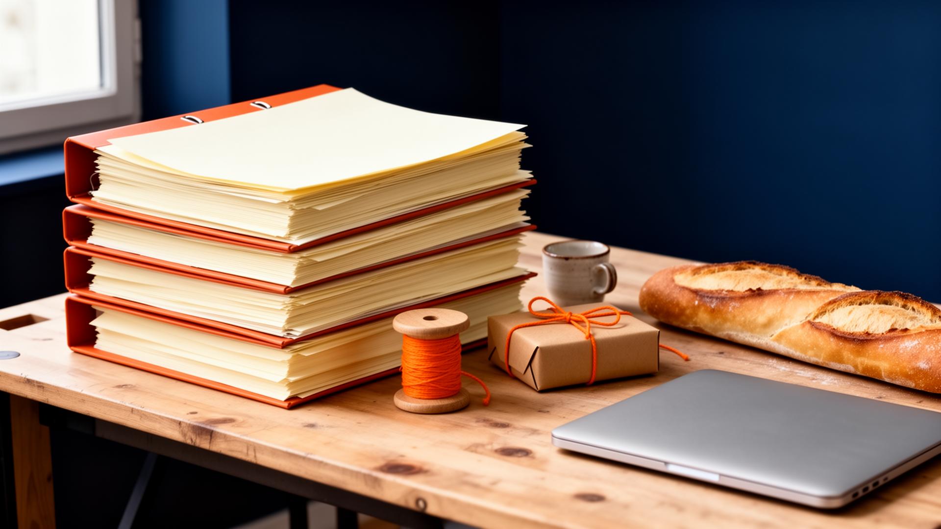 Bureau en bois clair sous une lumière de fenêtre nordique : un classeur orange à anneaux déborde de feuillets administratifs blancs, à côté un fuseau de fil orange, un petit colis kraft, une tasse en grès, une baguette dorée et un MacBook fermé — la nature morte évoque le passage d'une immatriculation administrative à une activité économique réelle.
