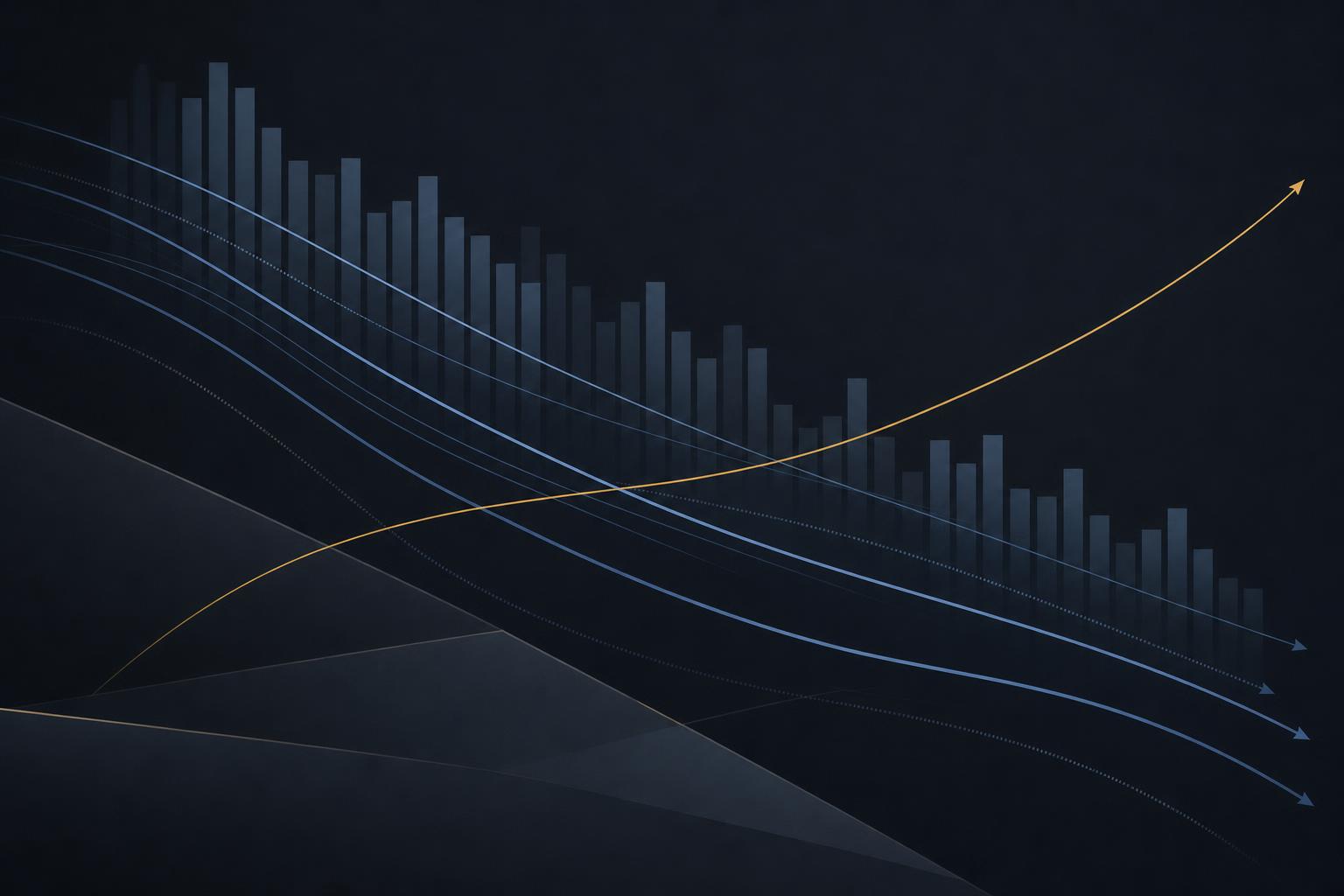 Graphique éditorial abstrait inspiré du Financial Times : barres bleu acier en déclin et courbe dorée ascendante sur fond anthracite, illustrant la double dynamique du marché freelance — érosion des prestations standardisées et prime à l'expertise IA-native.