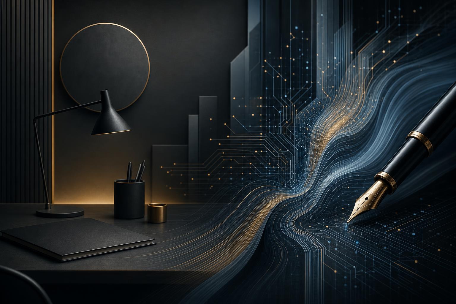Illustration éditoriale anthracite et or représentant le poste de travail d'un freelance — plume, lampe, flux de données et circuits — symbolisant la fusion entre savoir-faire humain et intelligence artificielle.