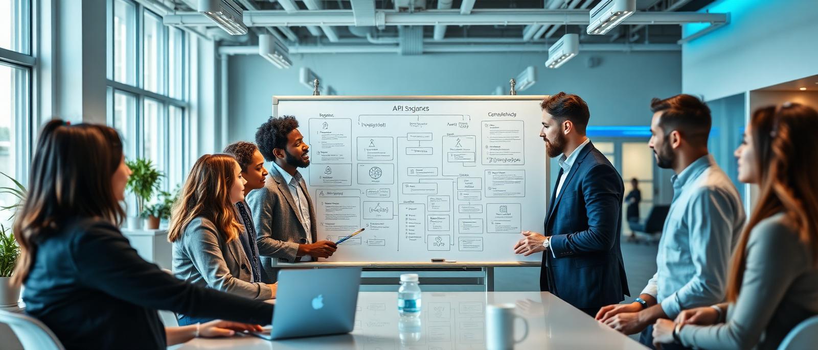 Équipe de professionnels en entreprise collaborant autour d'un tableau de travail numérique avec schémas de workflows IA — transformation du travail en 2026