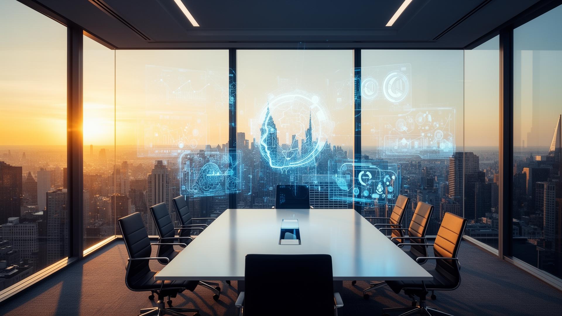 Salle de direction moderne avec visualisations d'intelligence artificielle holographiques au-dessus d'une table de conférence — illustration du cahier Entreprisma sur l'IA en entreprise