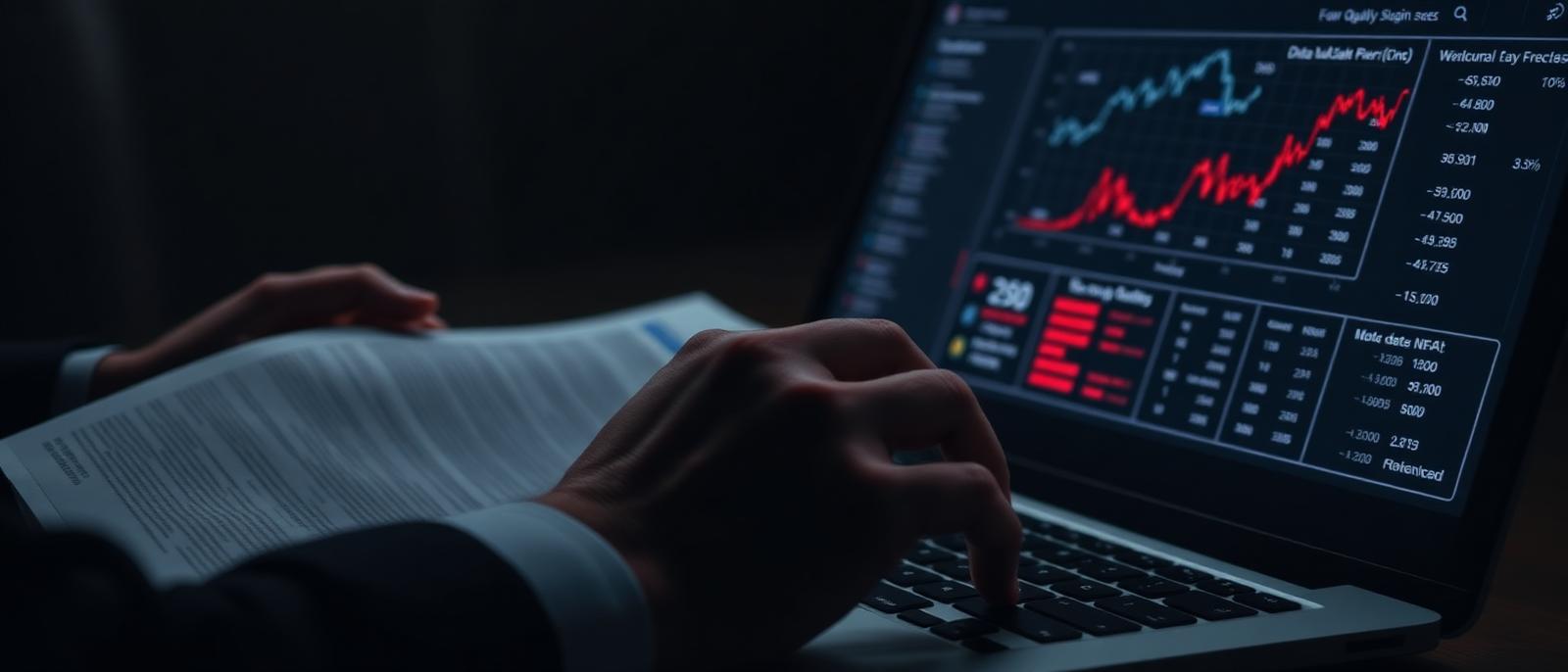 Mains d'un professionnel examinant des documents imprimés et un écran d'ordinateur affichant des indicateurs de qualité — illustration des risques de l'IA non supervisée en entreprise