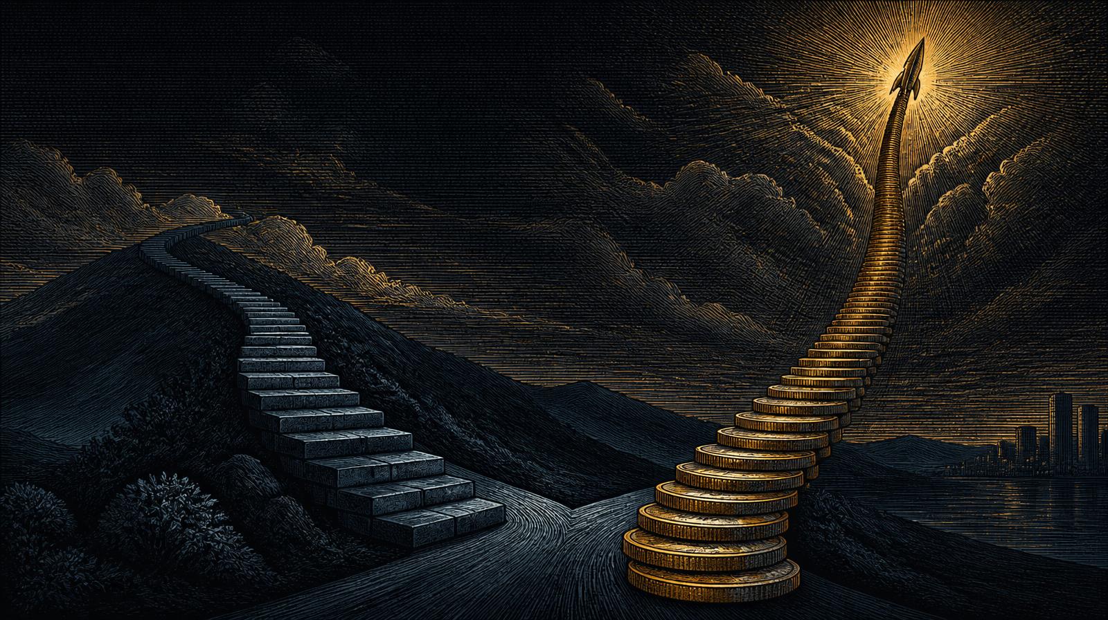Illustration éditoriale anthracite et or : deux chemins divergents, un escalier de pierre lent et régulier d'un côté, une trajectoire ascendante de pièces empilées filant vers une fusée de l'autre.