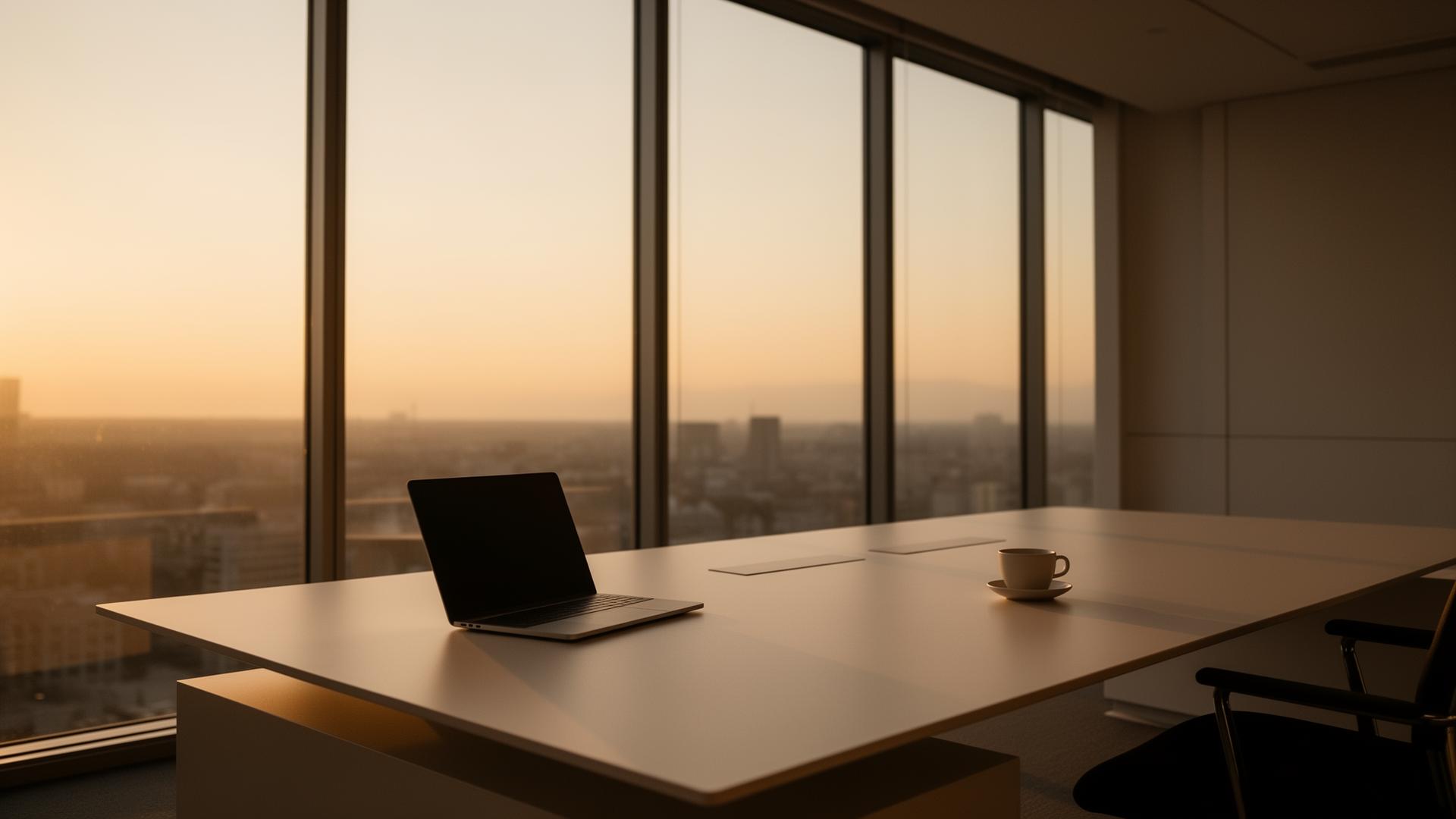 Bureau d'entrepreneur au lever du jour — illustration éditoriale sur le sommeil et la performance