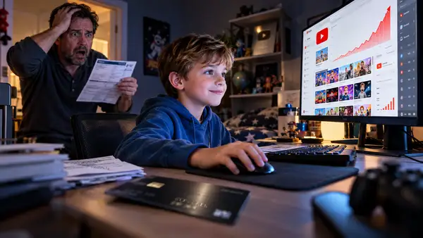Un enfant de 9 ans devant YouTube avec une carte bancaire professionnelle sur le bureau, tandis que son père découvre une facture de 118 000 dollars de publicités.