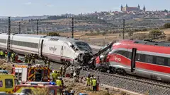 Illustration de deux trains à grande vitesse aux couleurs de Renfe et d’Iryo, arrêtés sur des voies parallèles, avec un agent près d’un équipement de signalisation. Cette scène générée accompagne l’article sur la collision près de Tolède et ne représente pas le lieu de l’accident.