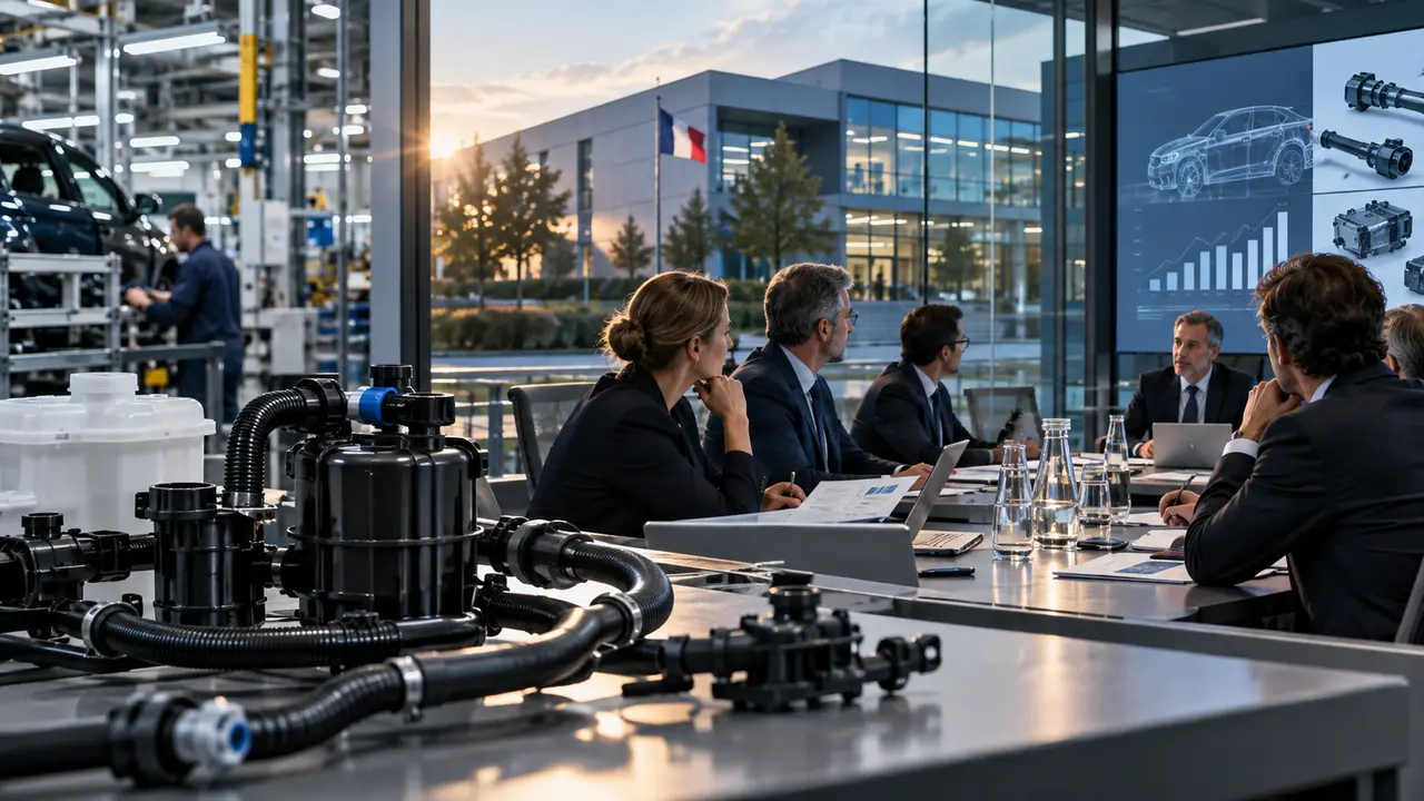 Illustration d’AKWEL, équipementier automobile français, associant un site industriel de production de composants automobiles à une réunion de gouvernance et d’actionnaires, dans le contexte de la publication de ses 26,54 millions d’actions et 45,21 millions de droits de vote au 30 septembre 2026.