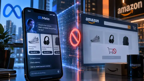 Amazon bloque Muse, l’agent IA de Meta, lors d’un achat en ligne, illustrant la bataille entre Amazon et Meta pour contrôler le commerce agentique et la relation client.