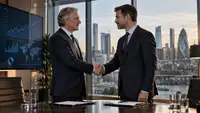 Deux dirigeants se serrent la main dans un bureau financier après la finalisation du partenariat entre Amundi et ICG, représentant l’investissement de 620 millions d’euros d’Amundi dans le spécialiste des marchés privés.