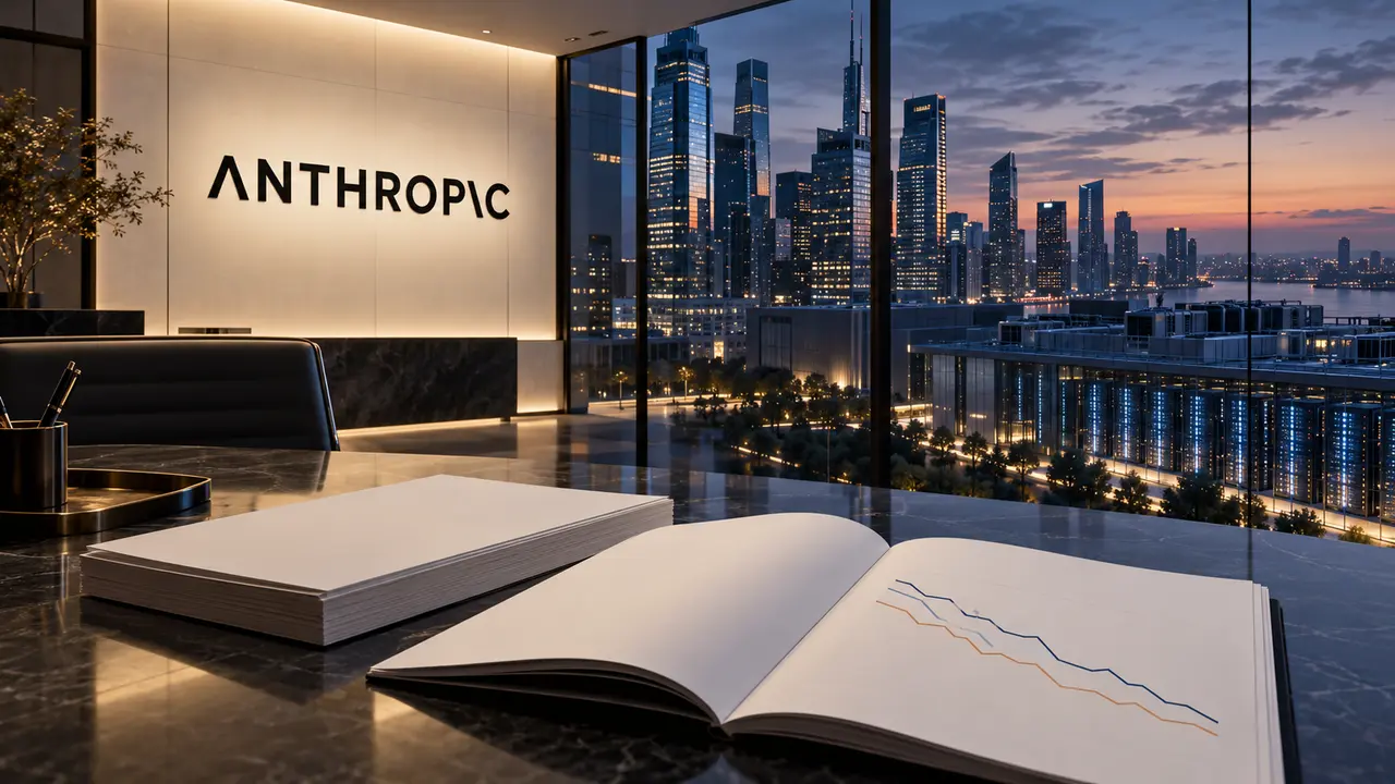 Illustration du nom Anthropic dans un espace de travail vitré surplombant des immeubles et des infrastructures informatiques, avec un dossier financier et des courbes descendantes au premier plan, pour accompagner un article sur ses pertes annoncées et une possible entrée en Bourse.