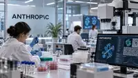 Laboratoire de biologie moderne illustrant la stratégie d’Anthropic dans les sciences de la vie, avec chercheurs, équipements automatisés de laboratoire, analyses de protéines sur ordinateur et identité visuelle Anthropic, alors que Claude Science se rapproche des expériences biologiques réalisées dans le monde réel.