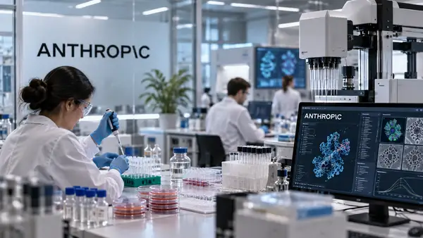 Laboratoire de biologie moderne illustrant la stratégie d’Anthropic dans les sciences de la vie, avec chercheurs, équipements automatisés de laboratoire, analyses de protéines sur ordinateur et identité visuelle Anthropic, alors que Claude Science se rapproche des expériences biologiques réalisées dans le monde réel.