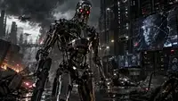 Robot humanoïde métallique inspiré d’un androïde futuriste dans une ville détruite et entourée de serveurs informatiques, illustration du risque d’apocalypse IA et d’une intelligence artificielle autonome devenue incontrôlable.