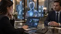 Agent d'intelligence artificielle représenté dans un environnement bancaire sécurisé entre un client et un conseiller, illustrant le KYA Know Your Agent, l'identification des agents IA et le contrôle de leurs autorisations financières.