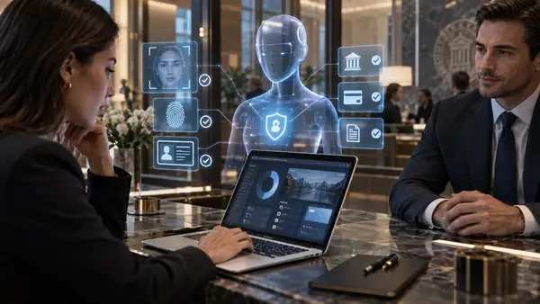 Agent d'intelligence artificielle représenté dans un environnement bancaire sécurisé entre un client et un conseiller, illustrant le KYA Know Your Agent, l'identification des agents IA et le contrôle de leurs autorisations financières.