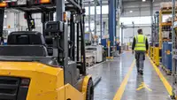 Caméra embarquée sur un chariot élévateur jaune, avec un salarié en gilet fluorescent dans une allée d’entrepôt.