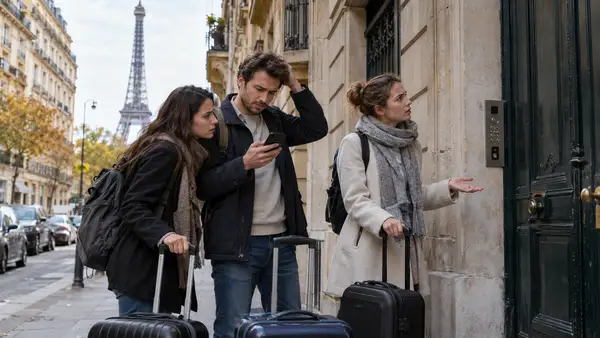Touristes avec leurs valises devant un immeuble parisien après avoir découvert que leur appartement réservé sur Booking.com n’existe pas, avec la tour Eiffel en arrière-plan.