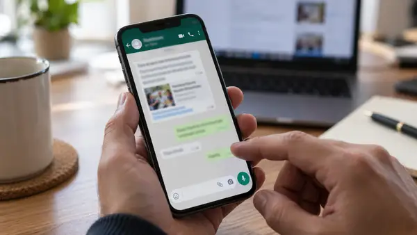 Illustration réaliste d’une personne consultant une conversation WhatsApp sur son smartphone, avec un aperçu de lien dans les messages et un ordinateur en arrière-plan, pour accompagner une alerte sur les faux concours et les tentatives d’accès frauduleux aux comptes.