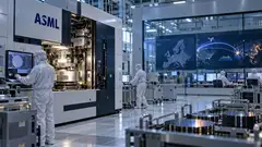 Machine de lithographie ASML dans une usine de semi-conducteurs avec des ingénieurs en salle blanche, des wafers de silicium et une carte illustrant les flux de machines vers l’Asie et les États-Unis, alors que les ventes nettes de systèmes ASML en Europe sont tombées à 0 % au deuxième trimestre 2026.