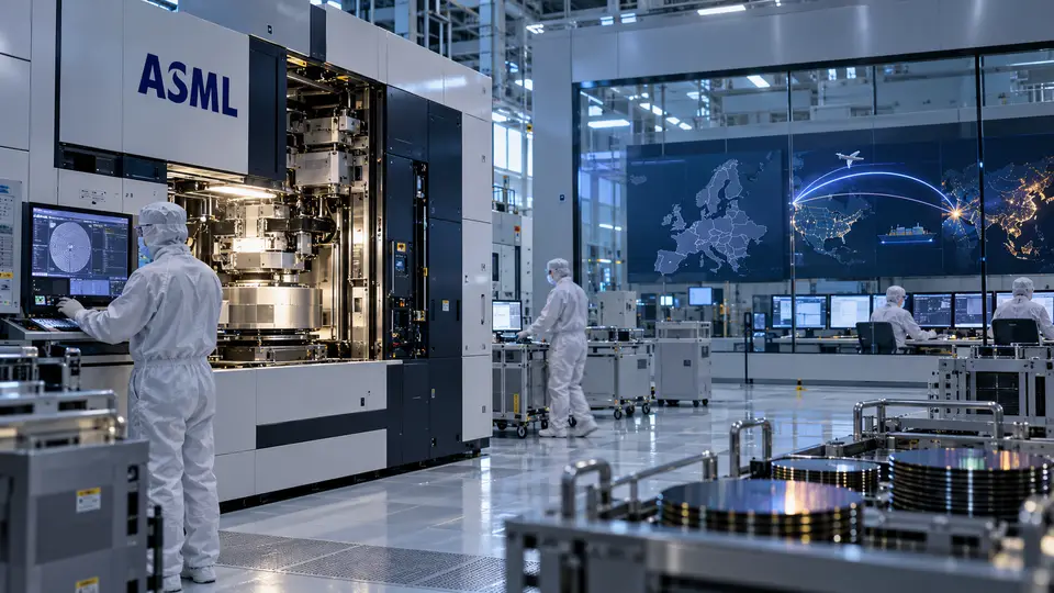 Machine de lithographie ASML dans une usine de semi-conducteurs avec des ingénieurs en salle blanche, des wafers de silicium et une carte illustrant les flux de machines vers l’Asie et les États-Unis, alors que les ventes nettes de systèmes ASML en Europe sont tombées à 0 % au deuxième trimestre 2026.