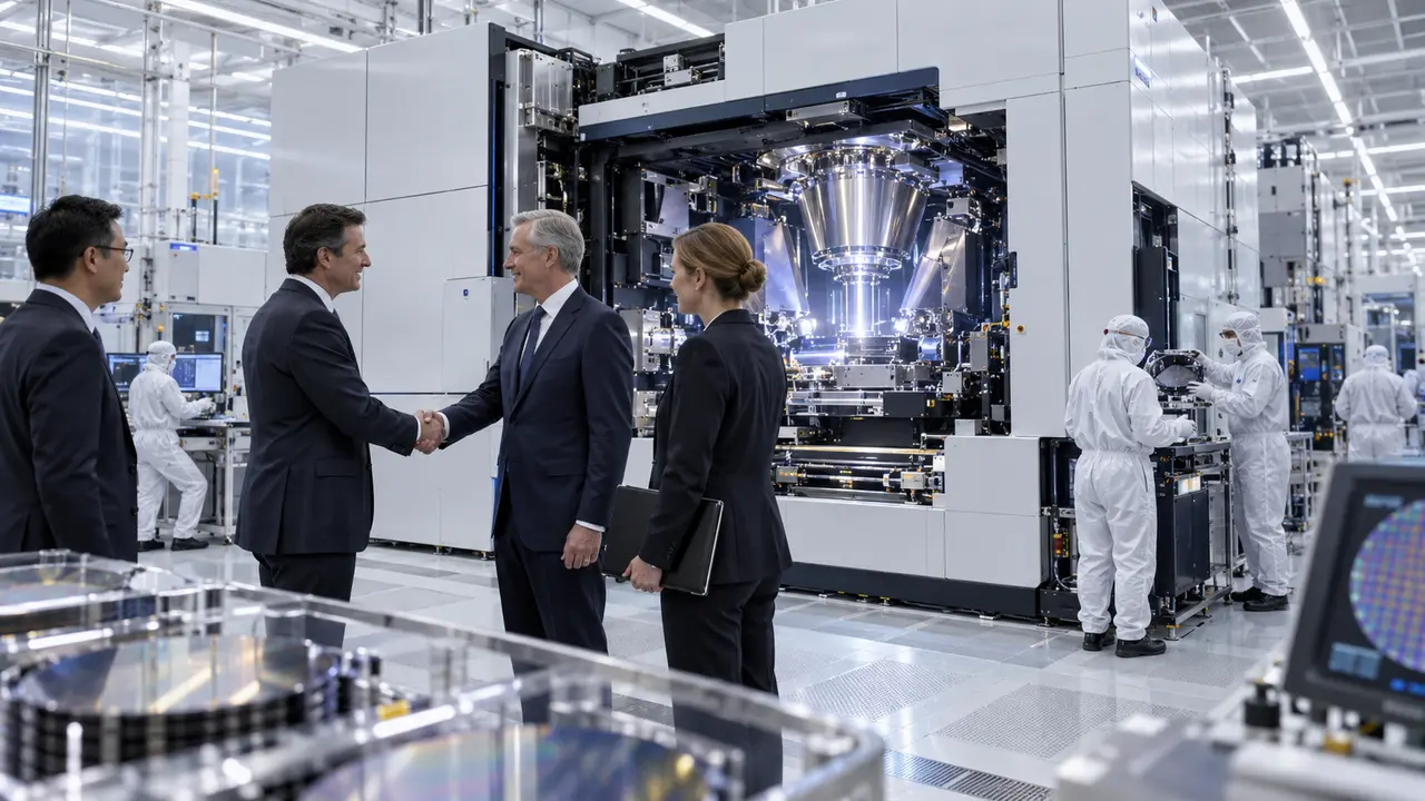 Machine de lithographie EUV de nouvelle génération dans une usine de semi-conducteurs, illustrant le rôle stratégique d’ASML dans la fabrication des puces IA avancées pour TSMC, Samsung, Intel et SK Hynix.