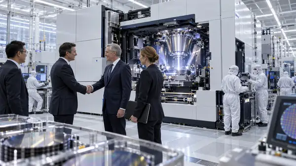 Machine de lithographie EUV de nouvelle génération dans une usine de semi-conducteurs, illustrant le rôle stratégique d’ASML dans la fabrication des puces IA avancées pour TSMC, Samsung, Intel et SK Hynix.