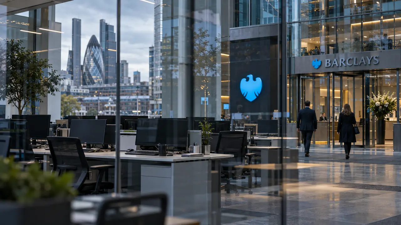 des bureaux de Barclays à Londres, avec des postes de travail inoccupés, des écrans éteints et deux professionnels marchant vers un hall vitré. Les enseignes bleues de la banque et les immeubles du quartier financier apparaissent à l’arrière-plan. Le visuel accompagne un article sur les suppressions de postes et la transformation technologique du groupe bancaire.