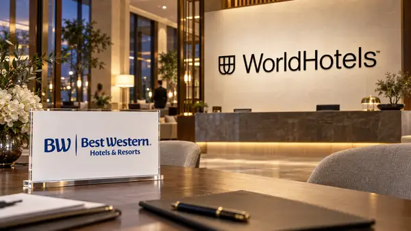 hall d’hôtel, avec le logo bleu Best Western Hotels & Resorts sur une plaque au premier plan et le logo WorldHotels sur le mur derrière la réception, évoquant la nouvelle marque globale du groupe.