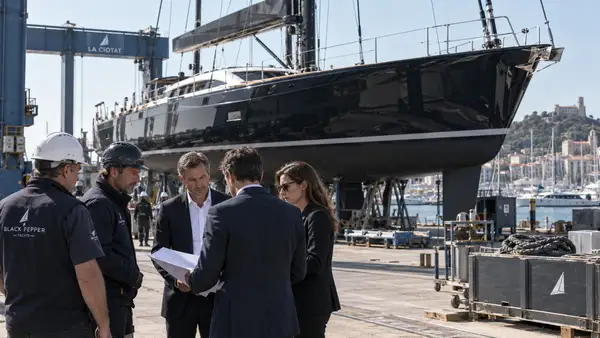 Voilier haut de gamme en carbone de Black Pepper Yachts dans un chantier naval