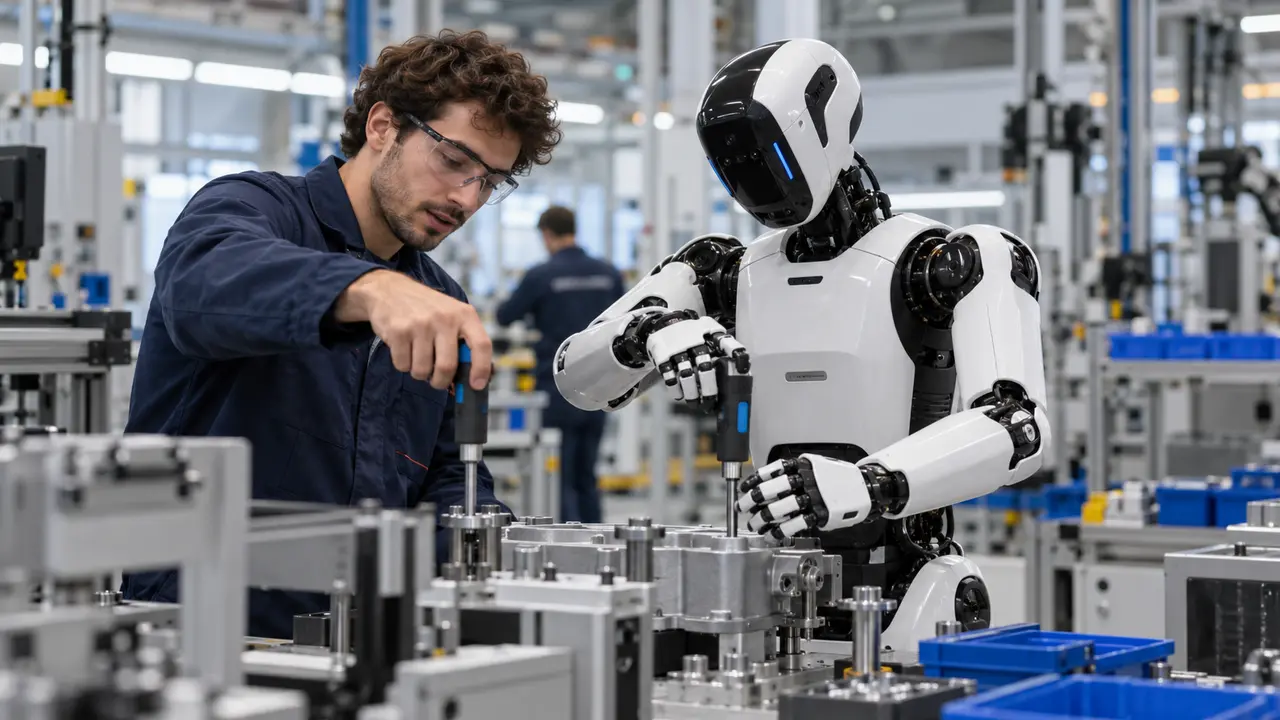 Un technicien industriel montre une opération d'assemblage mécanique à un robot humanoïde dans une usine moderne. Cette illustration représente l'apprentissage par démonstration développé par la startup française Bleu Robotics, qui a levé 5 millions d'euros pour entraîner des robots à réaliser de nouvelles tâches industrielles grâce à l'intelligence artificielle.