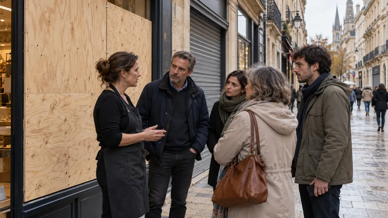 Illustration de cinq adultes, dont une commerçante en tablier, discutant devant une boutique dont la vitrine est protégée par des panneaux de bois, à côté d’un rideau métallique fermé, dans une rue inspirée du centre-ville de Bordeaux.