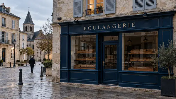 Façade bleu nuit d’une boulangerie fermée aux étagères et paniers à pain vides, dans un bourg français aux bâtiments en pierre, avec un passant sur la place pavée et un clocher en arrière-plan. Image générée par intelligence artificielle pour illustrer l’enquête Entreprisma sur l’évolution des boulangeries en France entre 2015 et 2025, leur présence dans les petites communes et les enjeux de maintien des commerces de proximité.