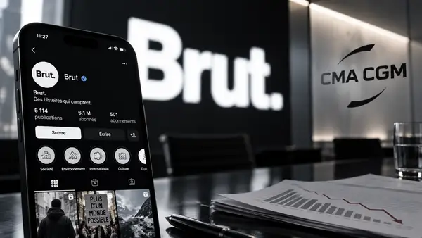 Smartphone affichant Brut devant les logos Brut et CMA CGM, avec des documents financiers montrant une baisse, illustrant les pertes de 34,7 millions d’euros du média en 2025.