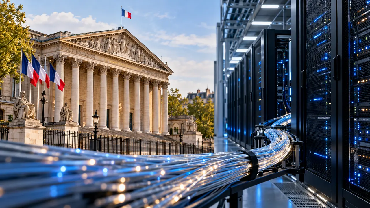 Illustration associant la façade de l’Assemblée nationale, ornée de drapeaux français, à des baies de serveurs reliées par des fibres optiques, pour représenter le projet de taxe sur les flux Internet du budget 2027.