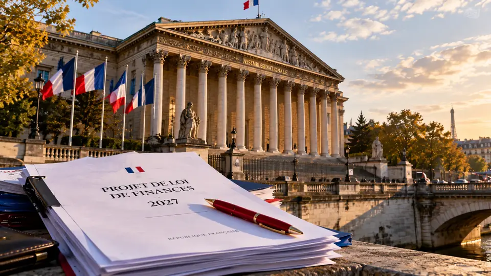 Illustration du Palais Bourbon, siège de l'Assemblée nationale française à Paris, avec des drapeaux tricolores et un dossier symbolisant le projet de loi de finances pour 2027, en lien avec le vote du 27 octobre supprimant provisoirement la reconduction de la surtaxe sur les bénéfices des grandes entreprises.