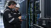 Experts Bureau Veritas auditant les serveurs et les systèmes d’intelligence artificielle d’un centre de données à l’aide d’une tablette utilisant une solution AWS de contrôle des risques, illustrant l’objectif du groupe d’atteindre un milliard d’euros de revenus liés à l’IA d’ici 2030.