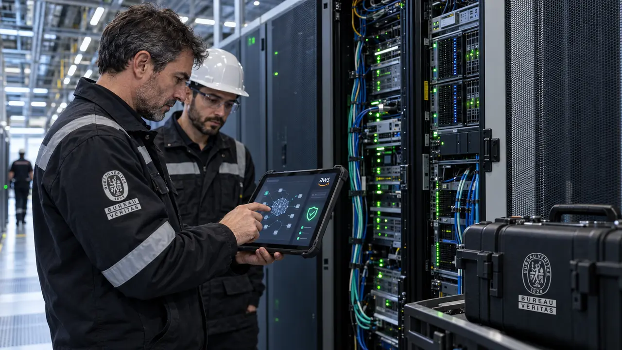 Experts Bureau Veritas auditant les serveurs et les systèmes d’intelligence artificielle d’un centre de données à l’aide d’une tablette utilisant une solution AWS de contrôle des risques, illustrant l’objectif du groupe d’atteindre un milliard d’euros de revenus liés à l’IA d’ici 2030.