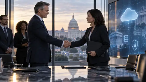 Poignée de main entre dirigeants lors d’un accord technologique à Washington, illustrant la vente de Capgemini Government Solutions à ITC Federal aux États-Unis.