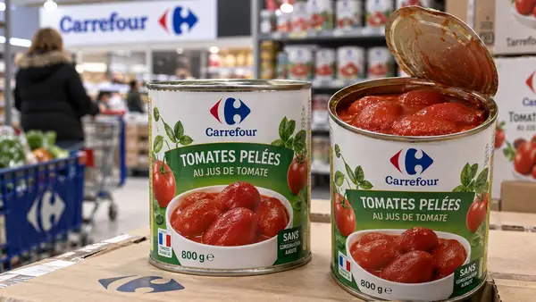 Illustration de boîtes de tomates pelées dans un magasin Carrefour à l’occasion du rappel national de tomates SIMPL pour un risque de présence de graines de Datura
