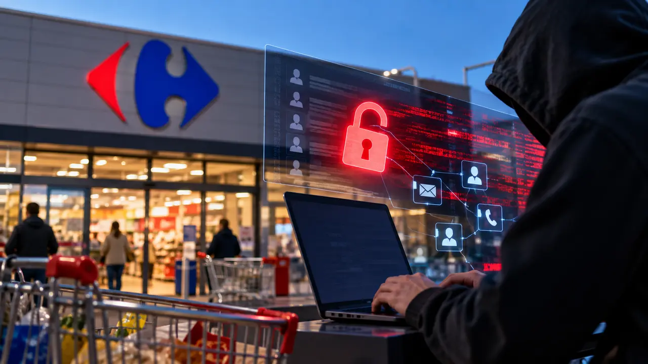 Illustration de la fuite de données touchant des clients de Carrefour après la cyberattaque d’un prestataire, avec un magasin Carrefour, un ordinateur et une représentation d’informations personnelles exposées lors d’une attaque informatique.
