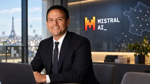Cédric O dans un environnement professionnel aux côtés du logo Mistral AI, illustrant sa participation au capital et son rôle historique auprès de l’entreprise française d’intelligence artificielle.