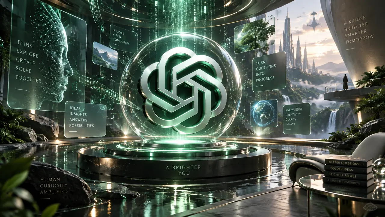 Représentation 3D futuriste de ChatGPT avec le logo OpenAI au centre d’une sphère lumineuse, entourée d’interfaces holographiques et d’éléments technologiques.