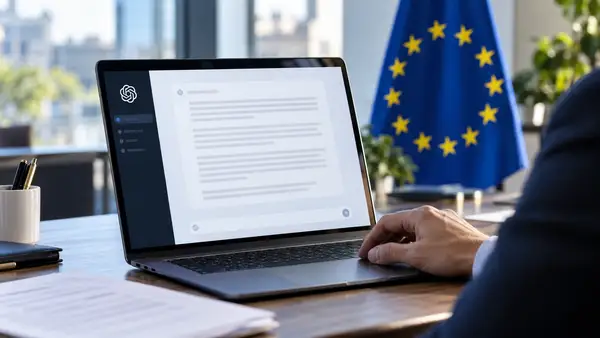Illustration d’un professionnel utilisant un ordinateur affichant une interface de type ChatGPT, avec un drapeau de l’Union européenne en arrière-plan.
